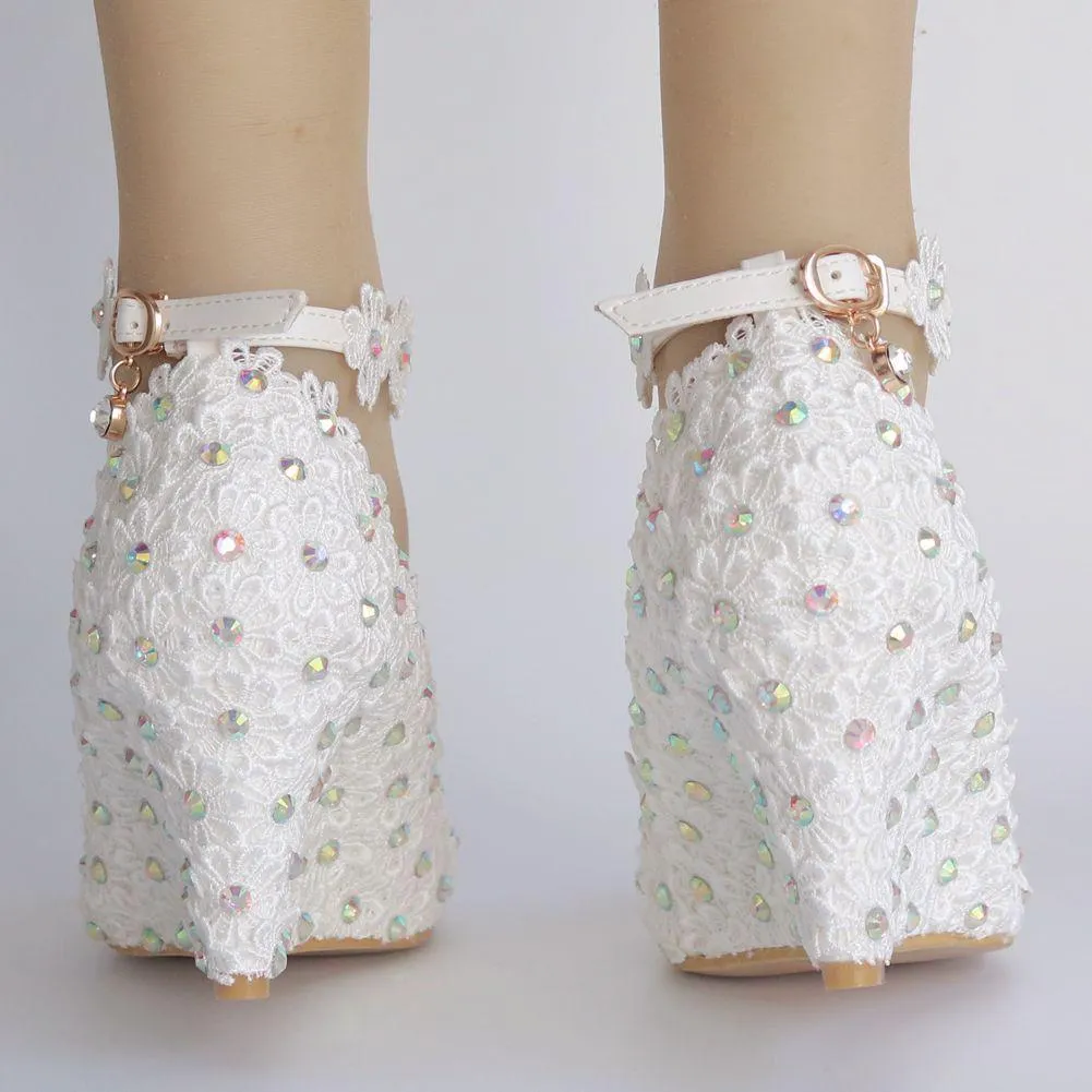 White lace pearls closed toe 3" wedge wedding sandals