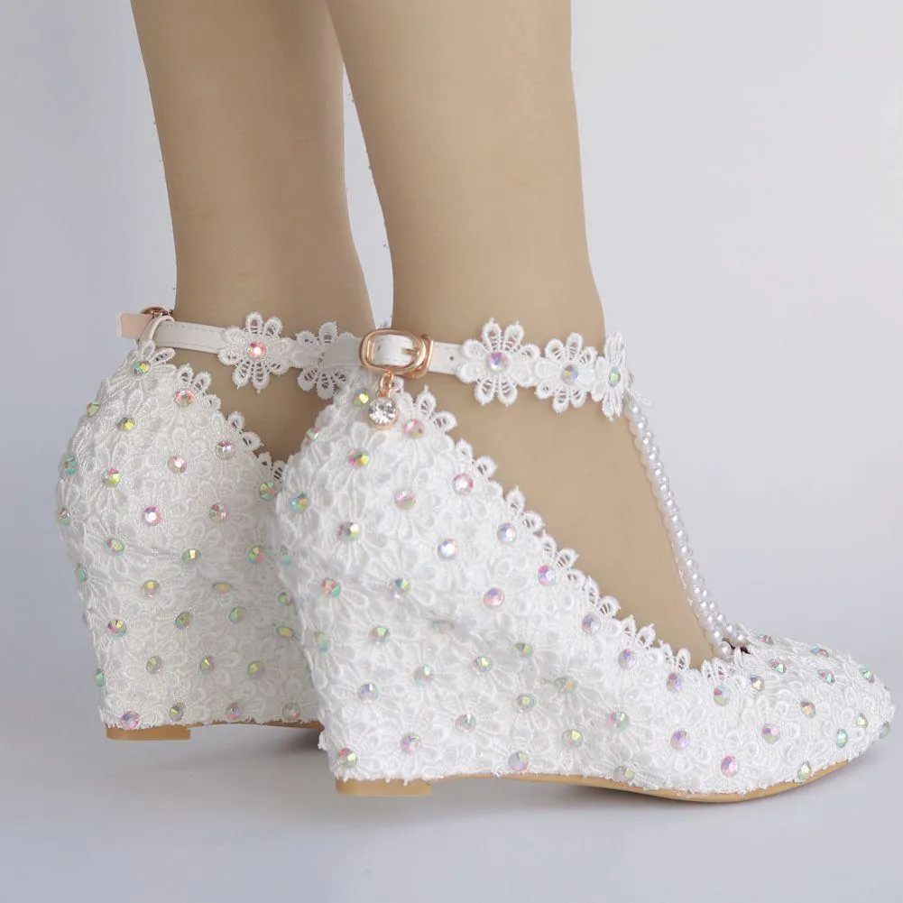 White lace pearls closed toe 3" wedge wedding sandals