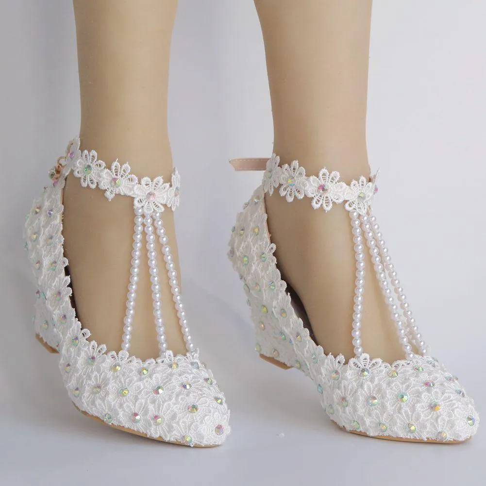 White lace pearls closed toe 3" wedge wedding sandals