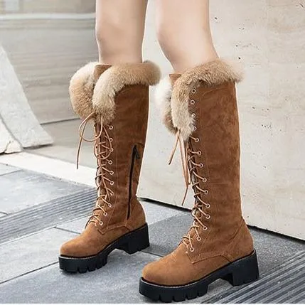Winter warm lining fuzzy cuff front-lace chunky low heel knee high snow boots