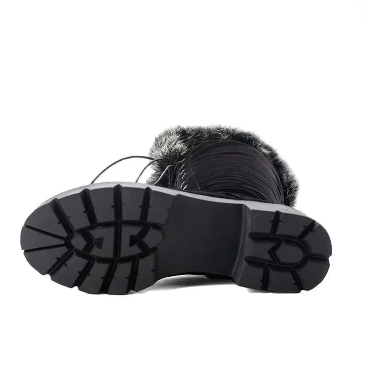 Winter warm lining fuzzy cuff front-lace chunky low heel knee high snow boots