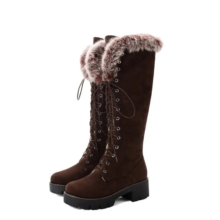 Winter warm lining fuzzy cuff front-lace chunky low heel knee high snow boots