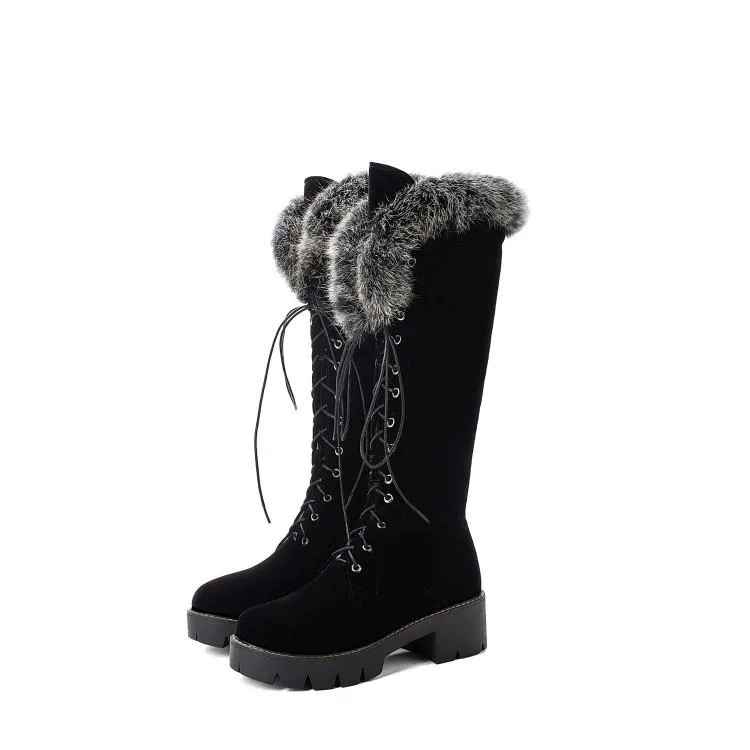 Winter warm lining fuzzy cuff front-lace chunky low heel knee high snow boots