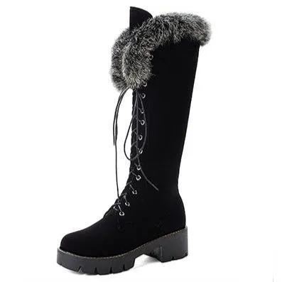 Winter warm lining fuzzy cuff front-lace chunky low heel knee high snow boots
