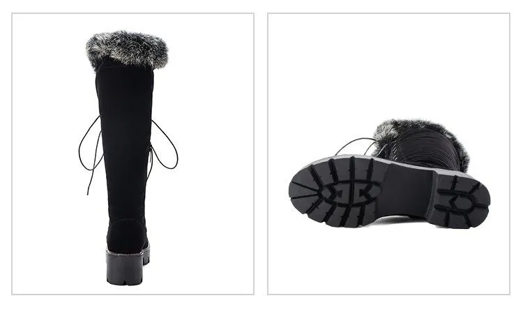 Winter warm lining fuzzy cuff front-lace chunky low heel knee high snow boots