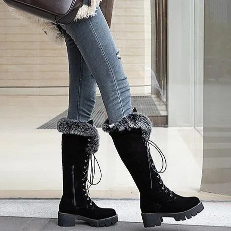 Winter warm lining fuzzy cuff front-lace chunky low heel knee high snow boots