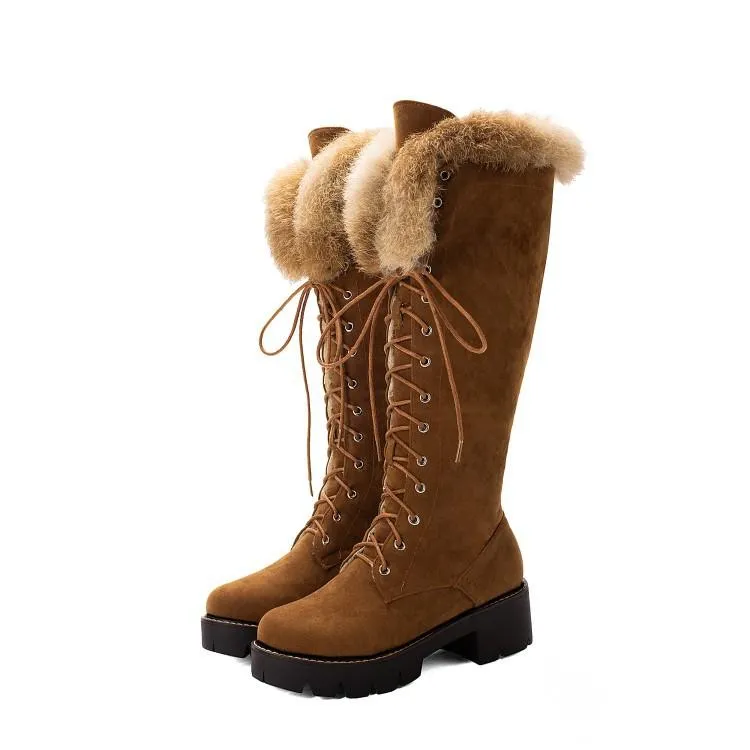 Winter warm lining fuzzy cuff front-lace chunky low heel knee high snow boots