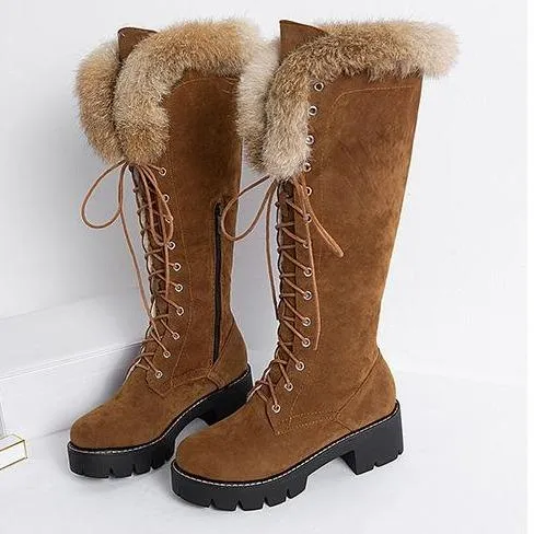 Winter warm lining fuzzy cuff front-lace chunky low heel knee high snow boots