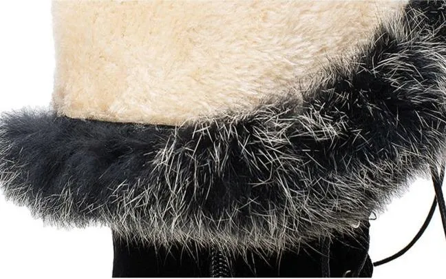 Winter warm lining fuzzy cuff front-lace chunky low heel knee high snow boots