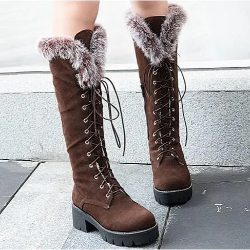 Winter warm lining fuzzy cuff front-lace chunky low heel knee high snow boots