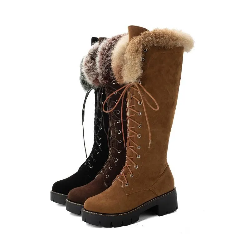Winter warm lining fuzzy cuff front-lace chunky low heel knee high snow boots