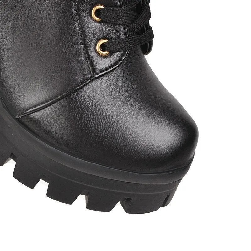 Women ankle flower hollow chunky heel platform lace up boots