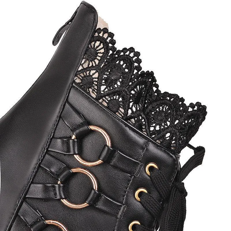 Women ankle flower hollow chunky heel platform lace up boots