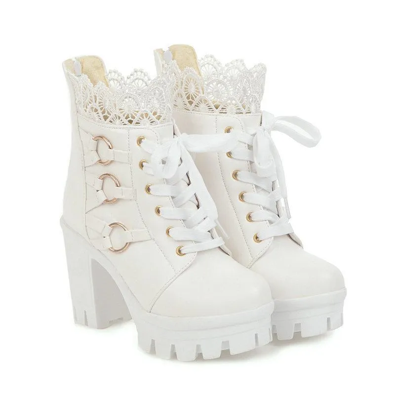 Women ankle flower hollow chunky heel platform lace up boots