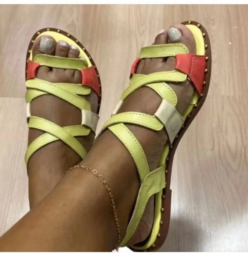 Women crisscross strap hollow peep toe slip on beach flat sandals