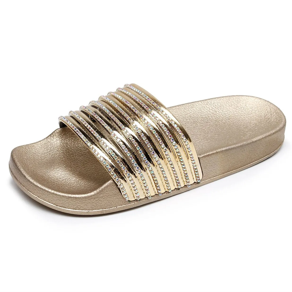 Women rhinestone one strap open toe slides summer slippers