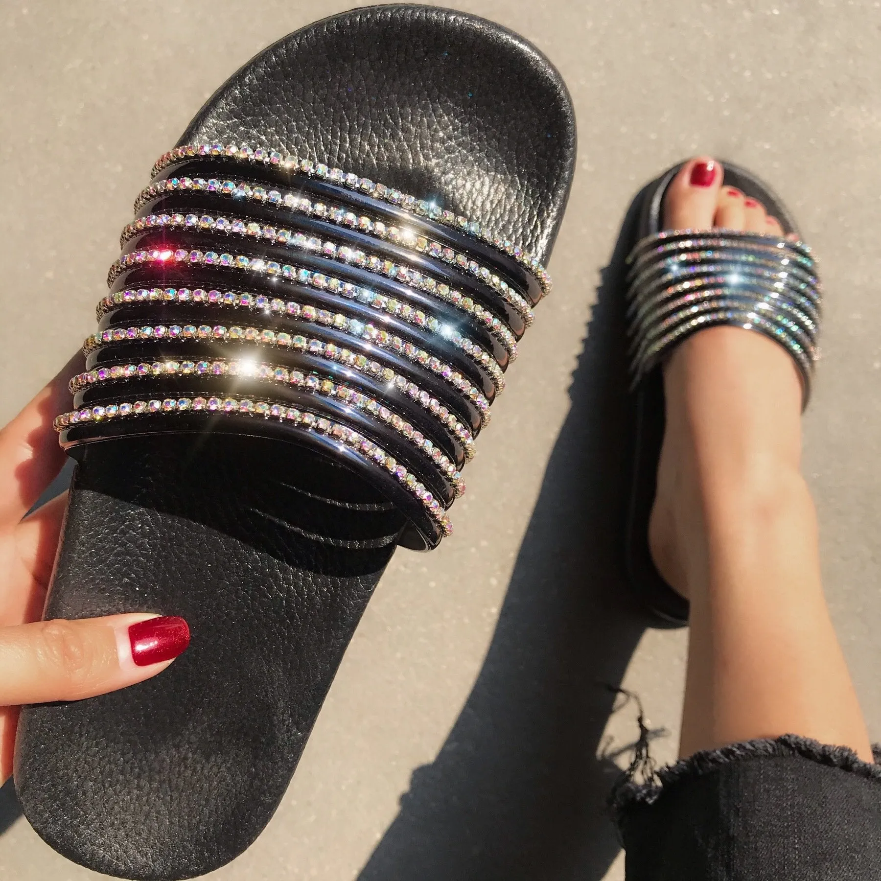 Women rhinestone one strap open toe slides summer slippers