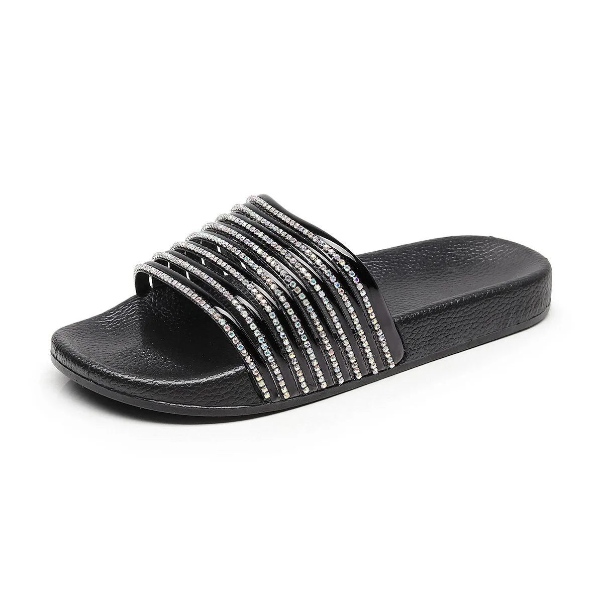 Women rhinestone one strap open toe slides summer slippers