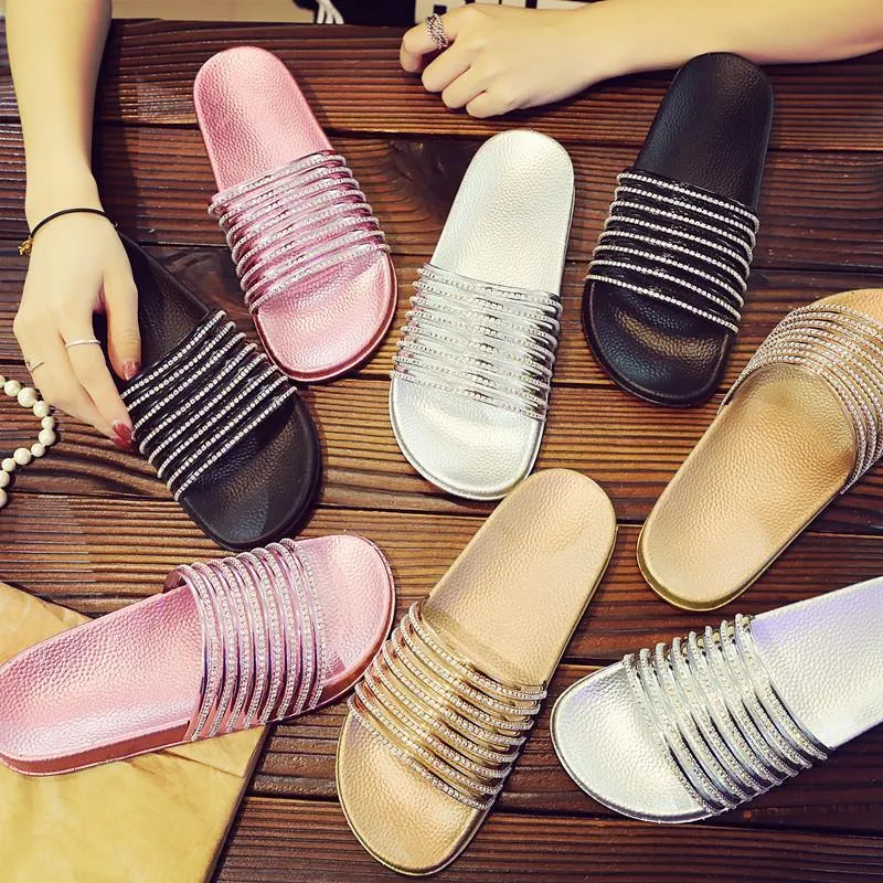 Women rhinestone one strap open toe slides summer slippers
