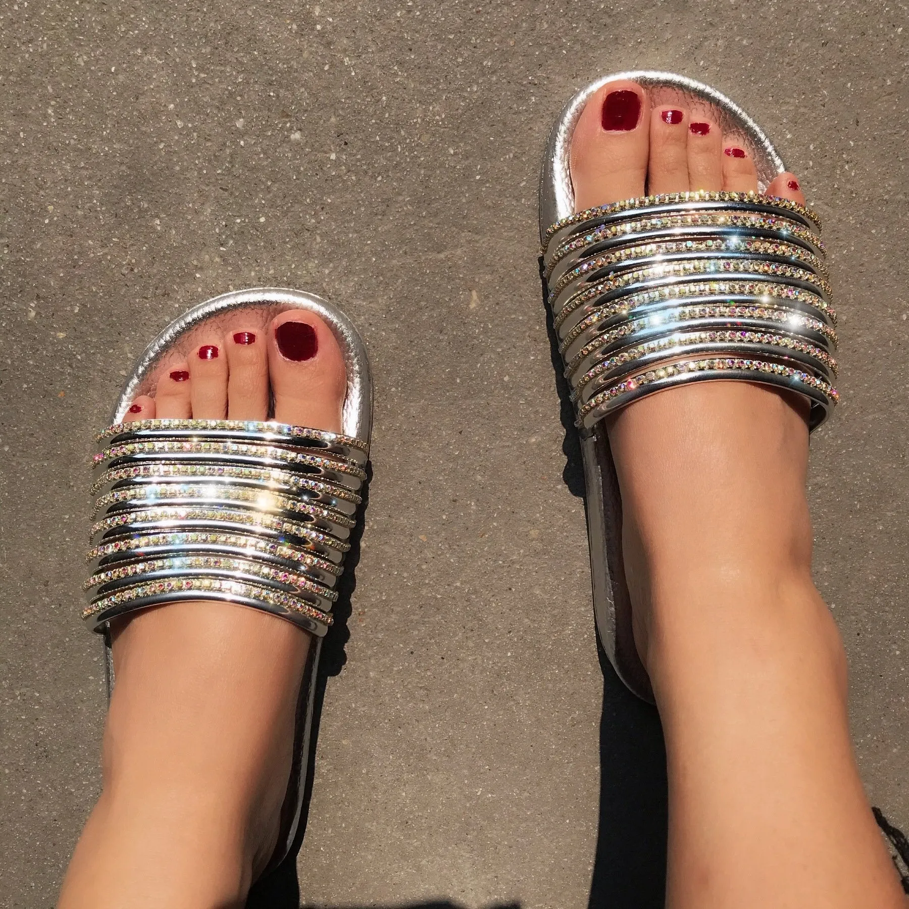 Women rhinestone one strap open toe slides summer slippers