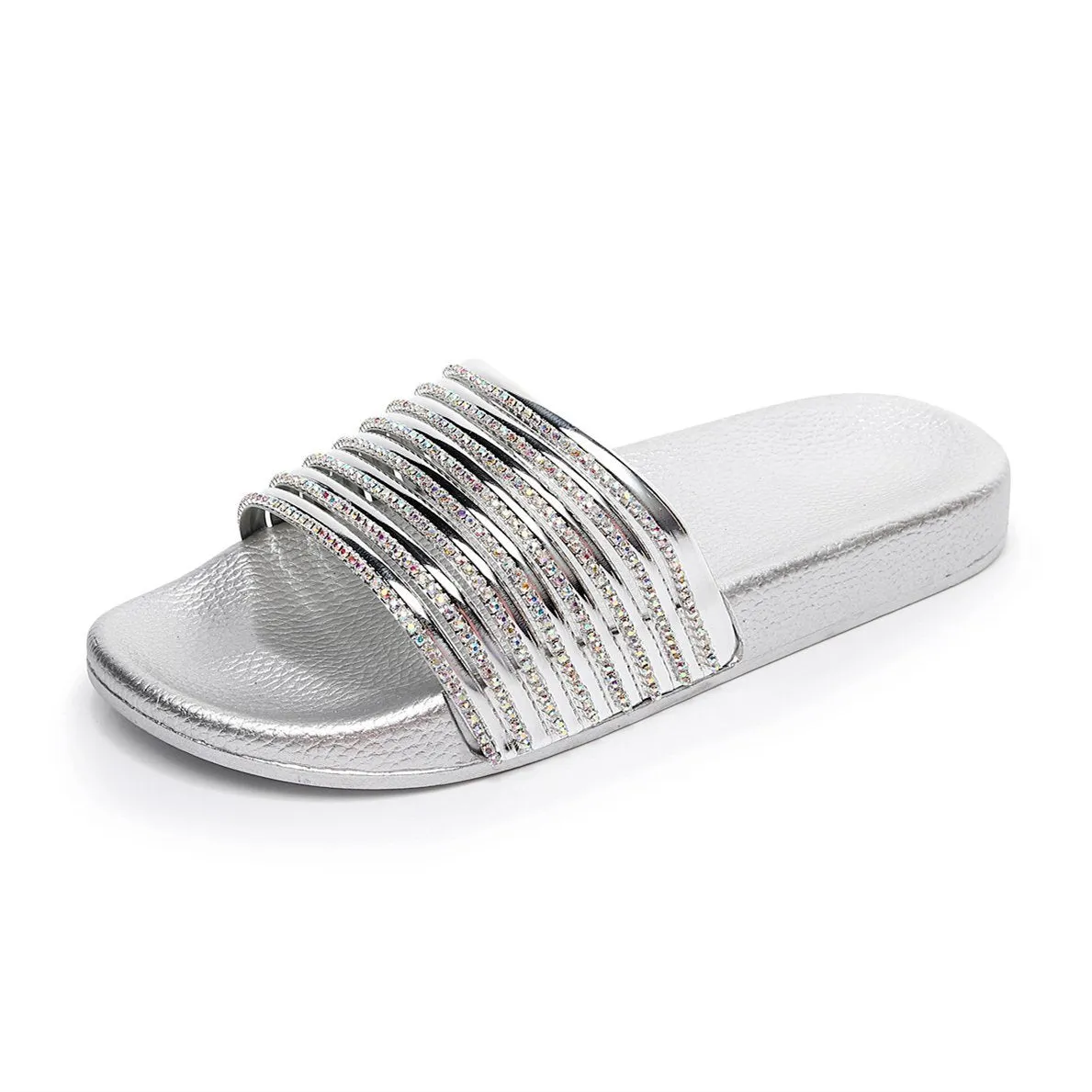 Women rhinestone one strap open toe slides summer slippers