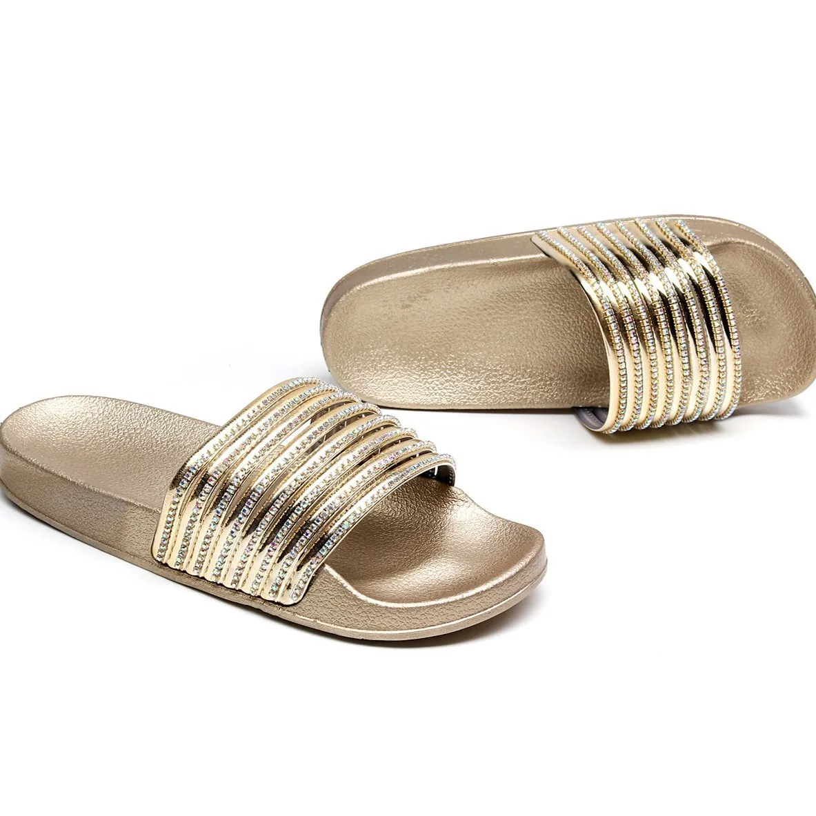 Women rhinestone one strap open toe slides summer slippers