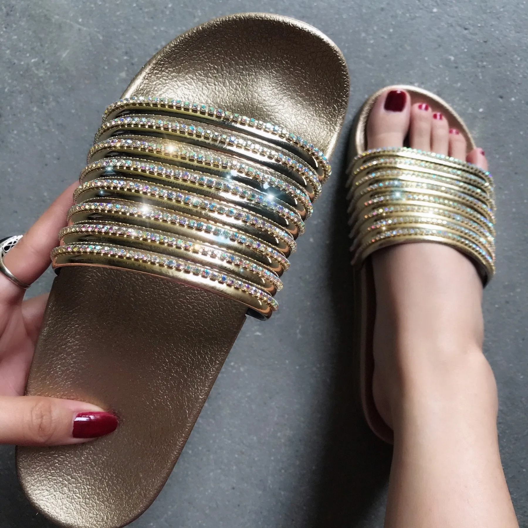 Women rhinestone one strap open toe slides summer slippers