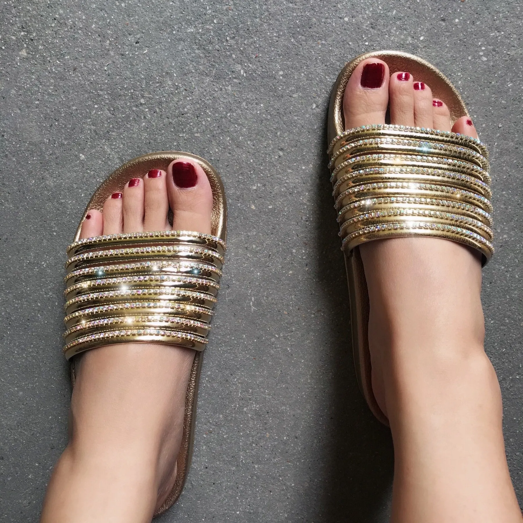 Women rhinestone one strap open toe slides summer slippers