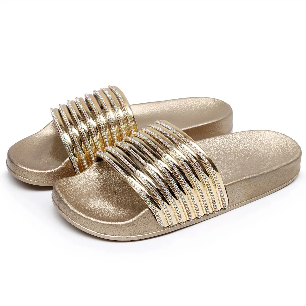Women rhinestone one strap open toe slides summer slippers