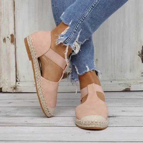 Women Round Toe Espadrilles Ankle Strap Linen Flat Sandals