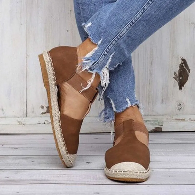 Women Round Toe Espadrilles Ankle Strap Linen Flat Sandals