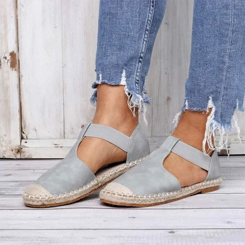 Women Round Toe Espadrilles Ankle Strap Linen Flat Sandals