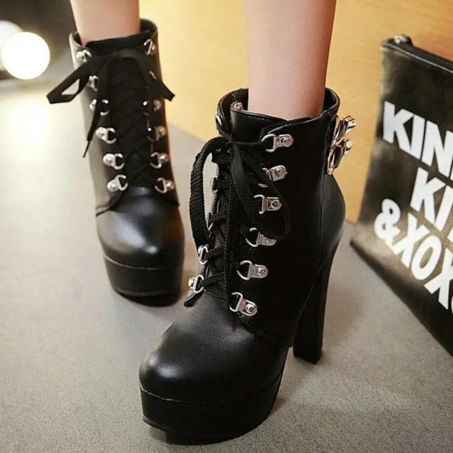 Women winter plush lining front lace ankle chunky combat boots