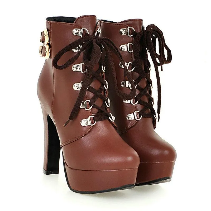 Women winter plush lining front lace ankle chunky combat boots