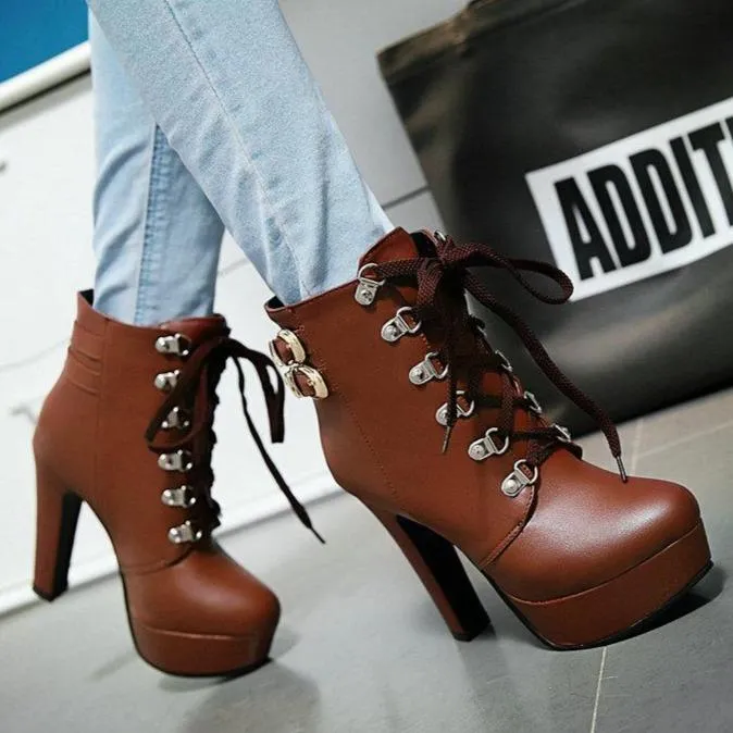 Women winter plush lining front lace ankle chunky combat boots