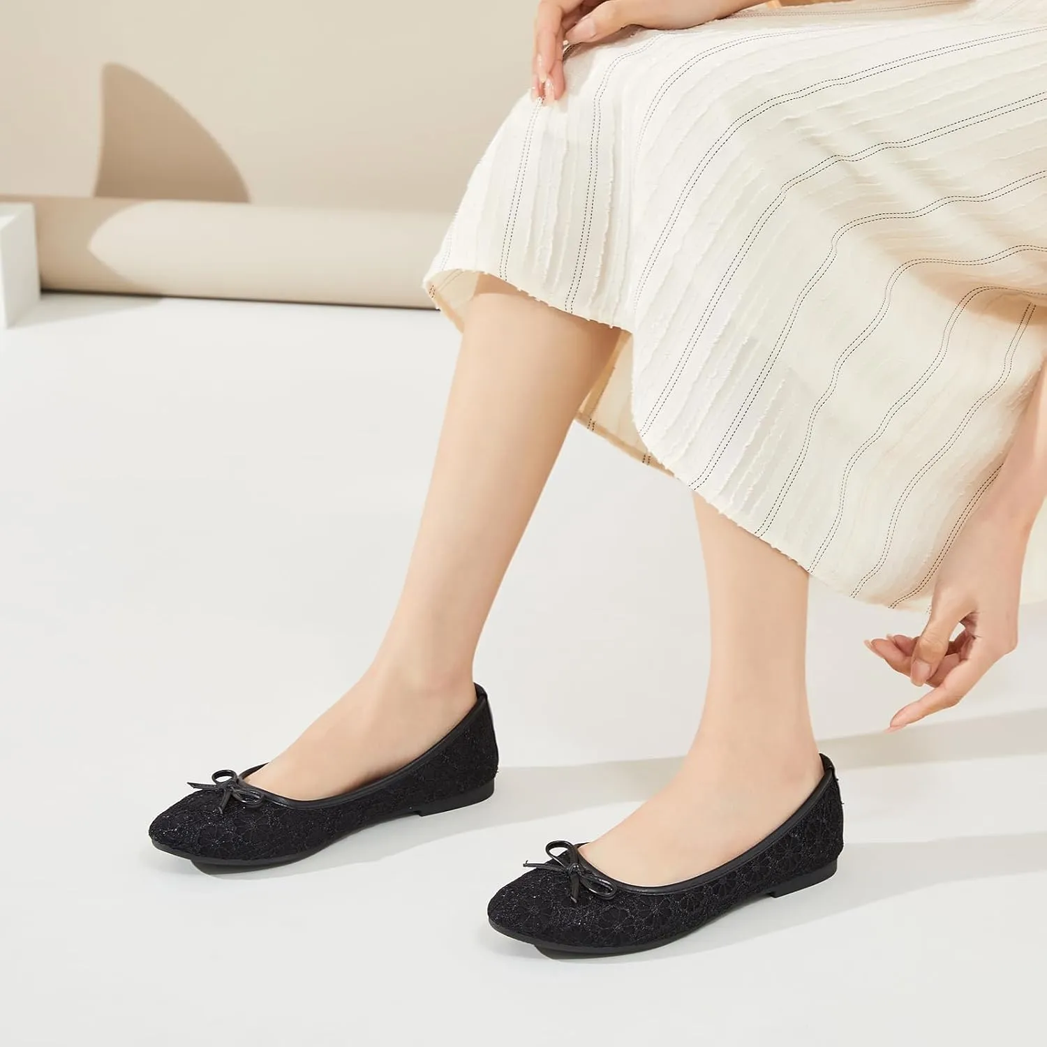 Womens Black Ballet Flats Shoes,Point Toe Shoes Comfortable Dressy,Slip On Casual Flats with Bow for Women