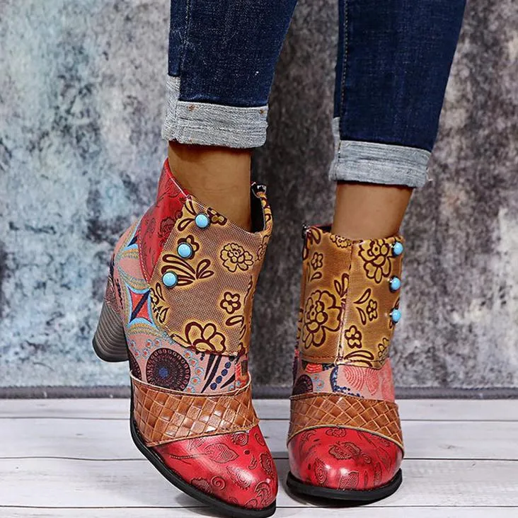 Women's boho ethnic multicolor floral patchwork chunky ankle booties