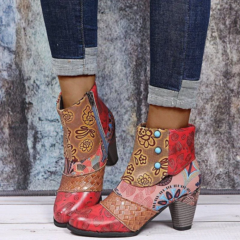 Women's boho ethnic multicolor floral patchwork chunky ankle booties