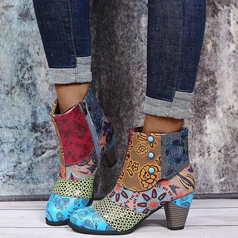 Women's boho ethnic multicolor floral patchwork chunky ankle booties
