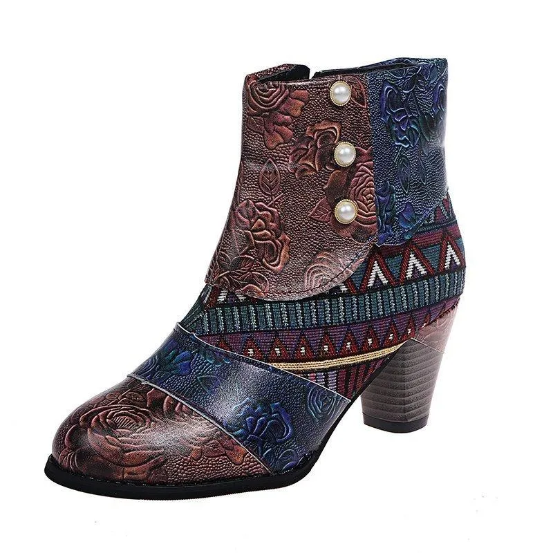 Women's boho ethnic multicolor floral patchwork chunky ankle booties