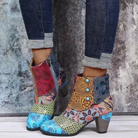 Women's boho ethnic multicolor floral patchwork chunky ankle booties