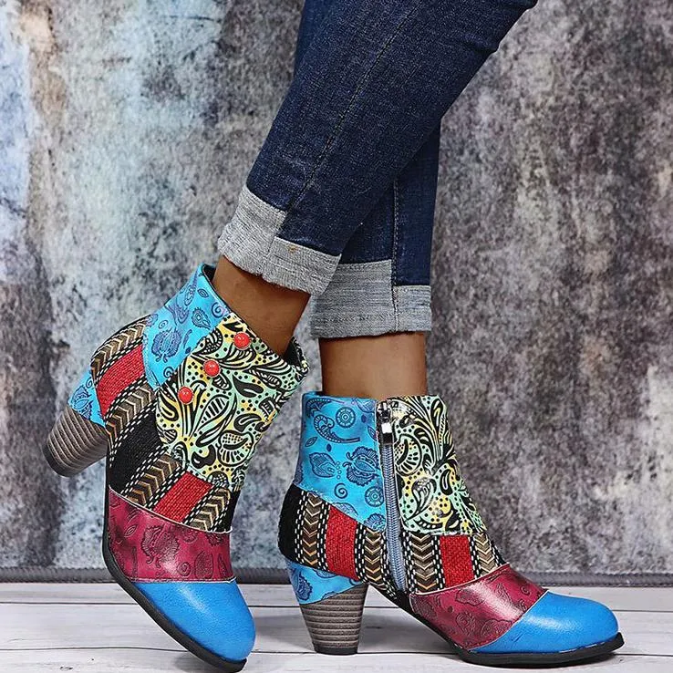 Women's boho ethnic multicolor floral patchwork chunky ankle booties