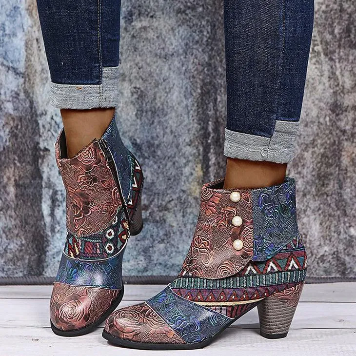 Women's boho ethnic multicolor floral patchwork chunky ankle booties