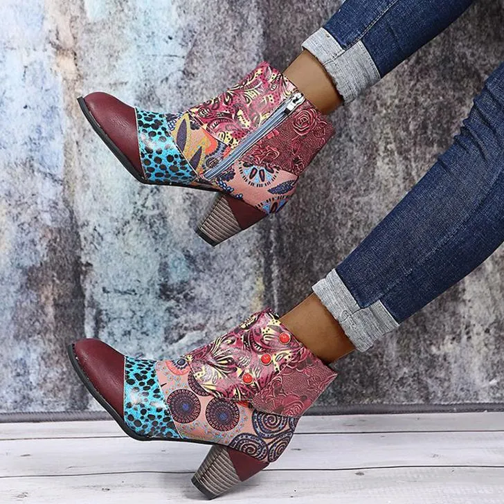 Women's boho ethnic multicolor floral patchwork chunky ankle booties