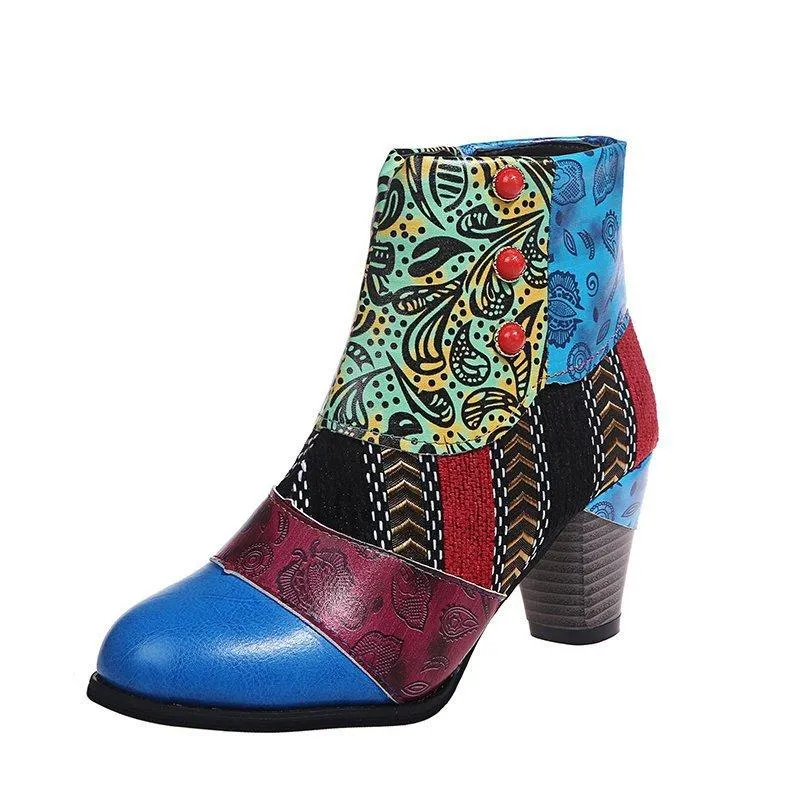 Women's boho ethnic multicolor floral patchwork chunky ankle booties
