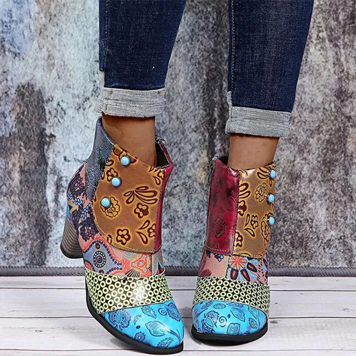 Women's boho ethnic multicolor floral patchwork chunky ankle booties