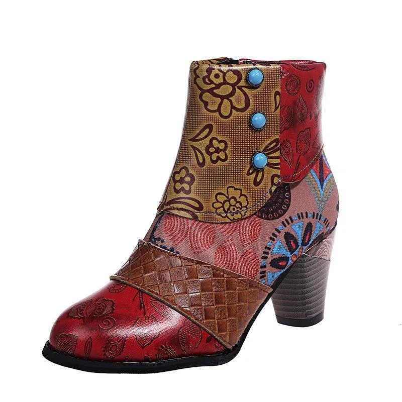 Women's boho ethnic multicolor floral patchwork chunky ankle booties