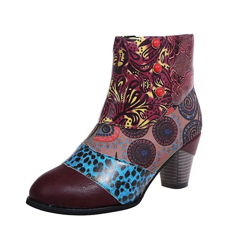 Women's boho ethnic multicolor floral patchwork chunky ankle booties