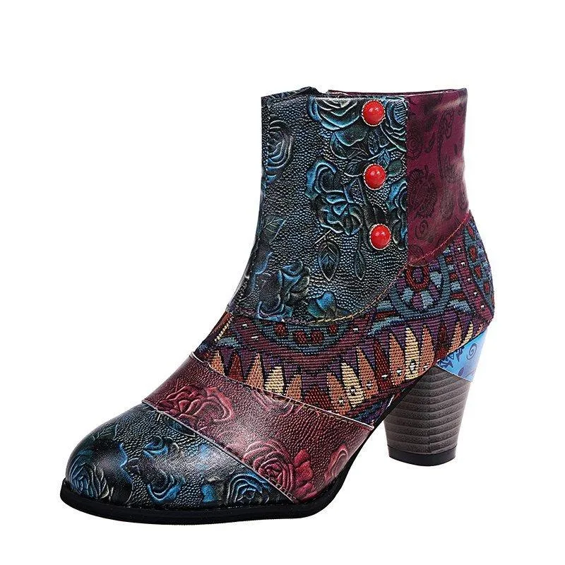 Women's boho ethnic multicolor floral patchwork chunky ankle booties