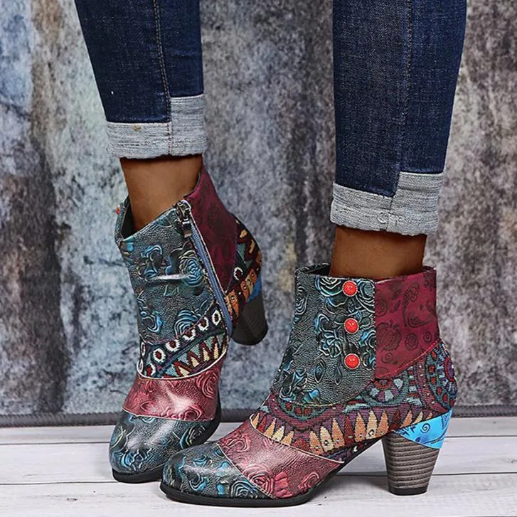 Women's boho ethnic multicolor floral patchwork chunky ankle booties